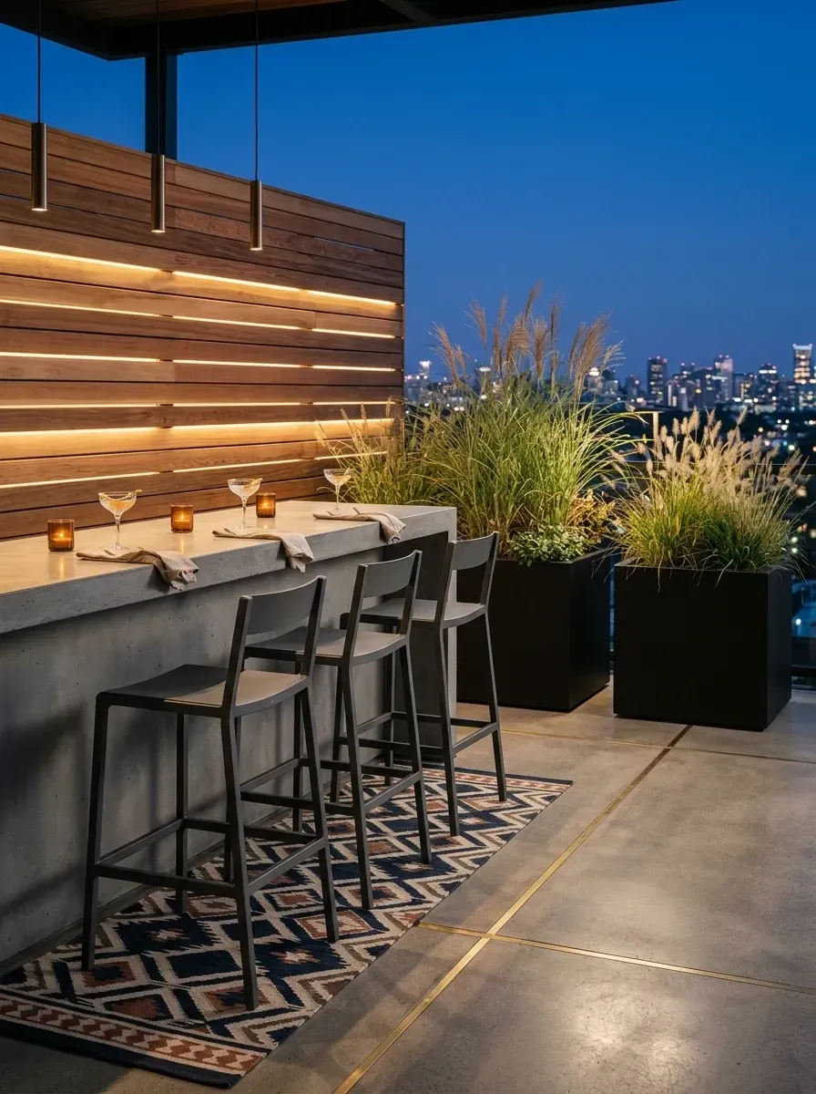 Rooftop bar with cast concrete counter, cedar slat wall with LED accents, matte black stools, and city skyline view