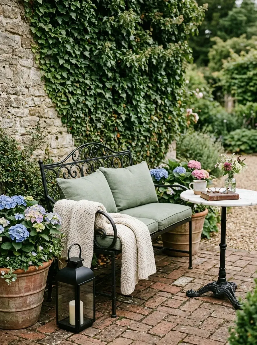 English garden bench nook with wrought iron bench, sage cushions, marble bistro table, and hydrangea-filled terracotta pots