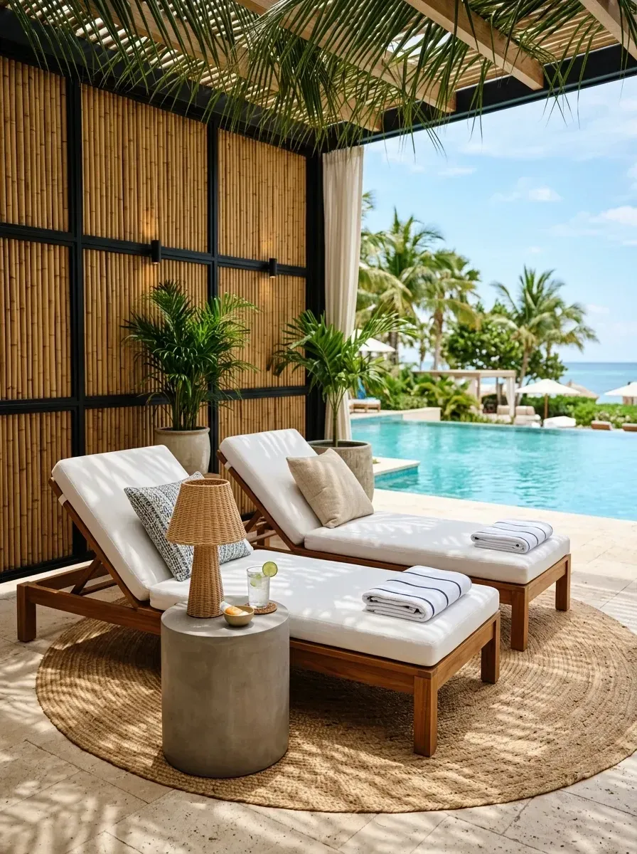 Tropical poolside cabana with twin teak chaise loungers, white cushions, bamboo screen wall, and travertine pool deck