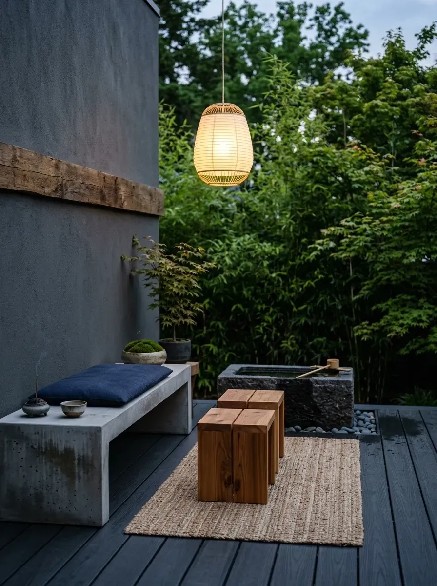 Zen meditation deck with cast concrete bench, cedar cube stools, stone water basin, and dark charcoal composite decking