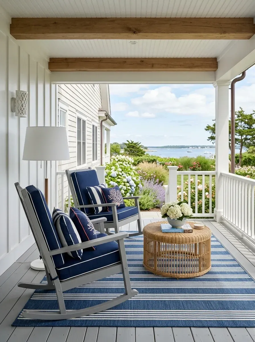 Coastal wraparound porch with gray rocking chairs, navy cushions, blue striped rug, and white beadboard ceiling with oak beams