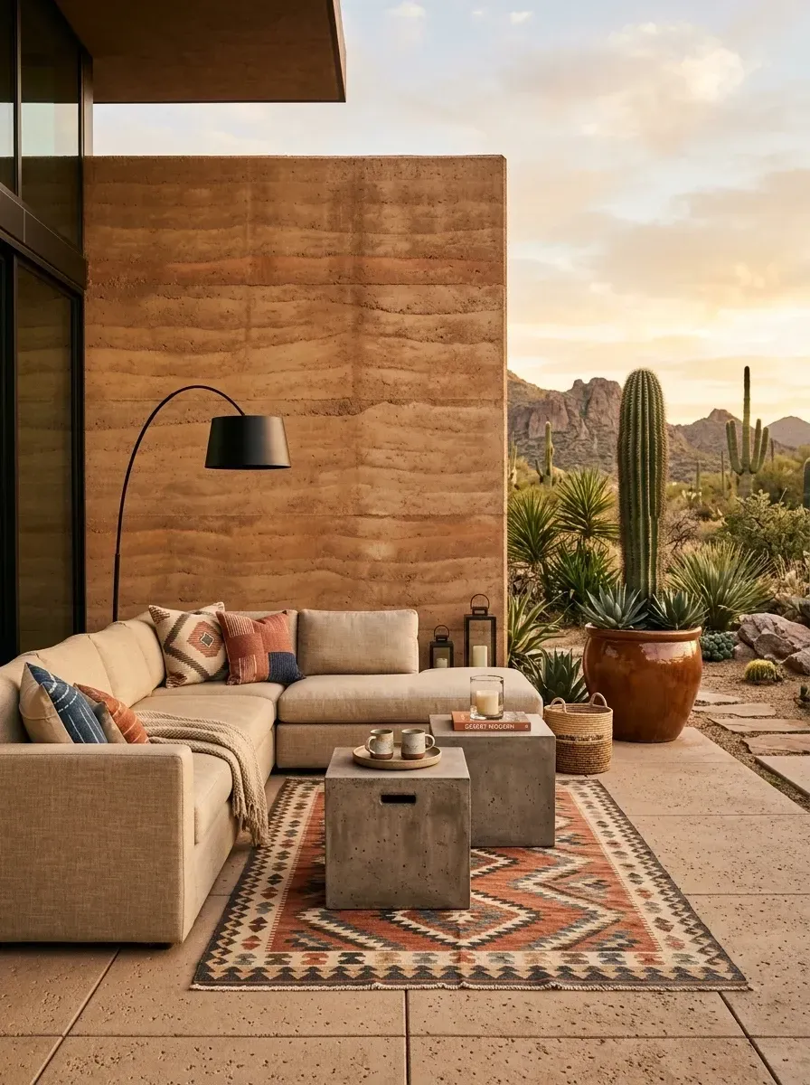 Desert modern outdoor lounge with L-shaped oatmeal sectional, rammed earth feature wall, black arc lamp, and limestone patio
