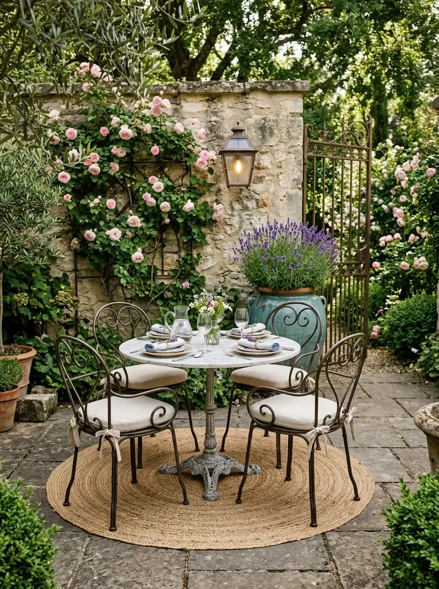 Secret garden bistro with marble round table, four wrought iron chairs, brass lantern, and turquoise urn of lavender against stone wall