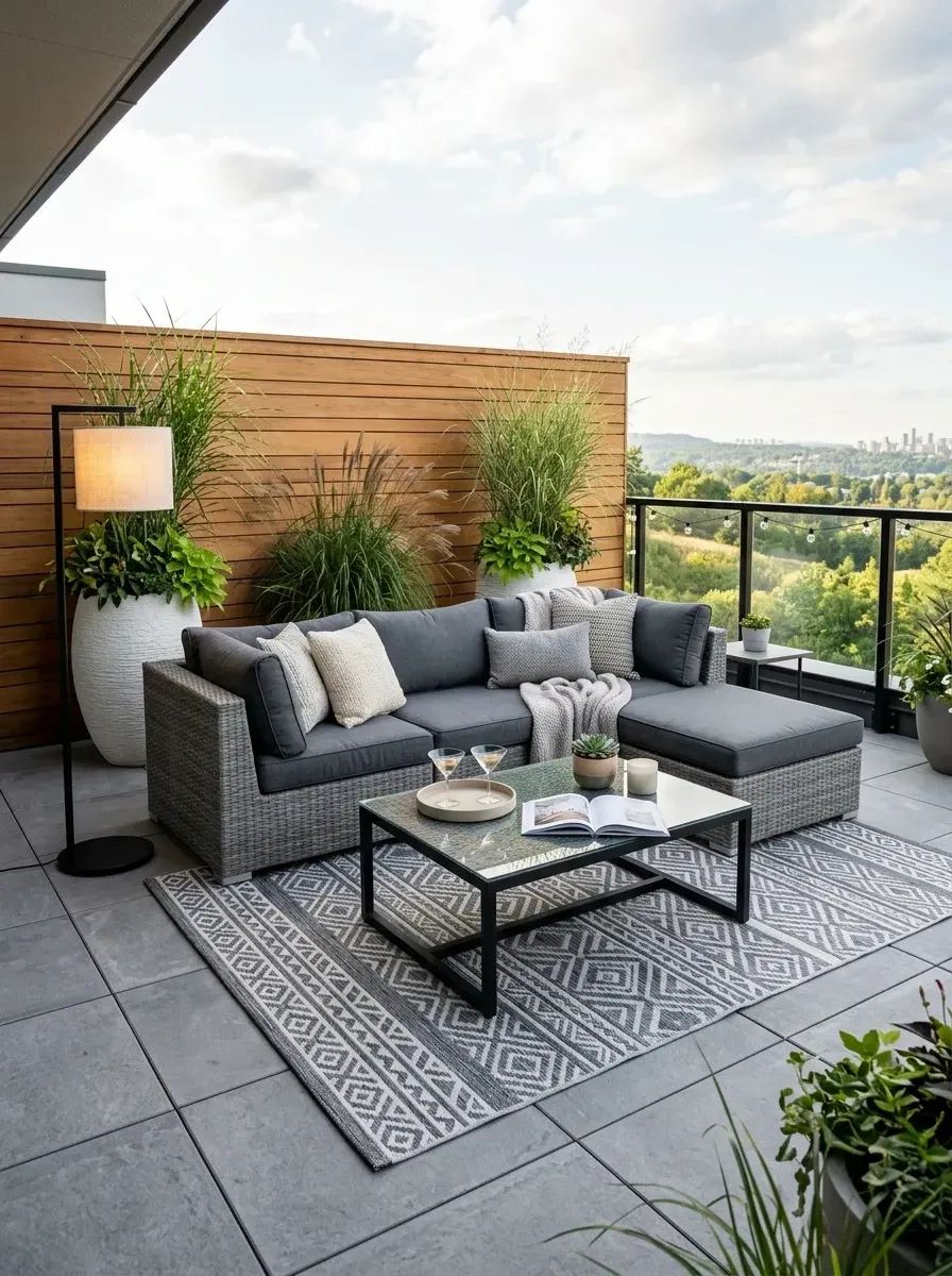 Modern urban balcony lounge with charcoal wicker L-shaped sectional, geometric outdoor rug, horizontal cedar slat privacy wall, glass and black metal railing, oversized white planters with tall grasses, and porcelain paver flooring
