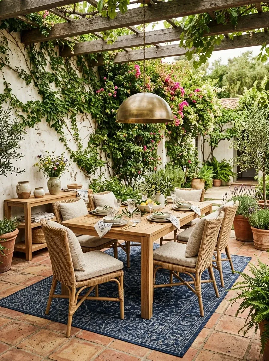 Pergola-covered Mediterranean garden dining terrace with reclaimed teak rectangular table, all-weather wicker dining chairs with cushions, indigo patterned outdoor rug, brass dome pendant, whitewashed stucco wall with climbing bougainvillea, and terracotta paver flooring
