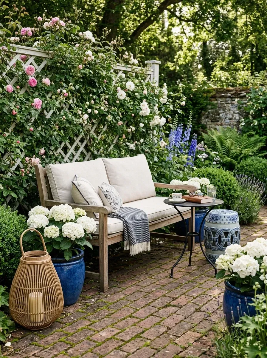 Quiet English cottage garden nook with weathered teak bench, white painted lattice trellis with climbing roses, cobalt blue ceramic planters, wrought iron round side table, moss-inlaid antique brick pavers, and wicker hurricane lantern