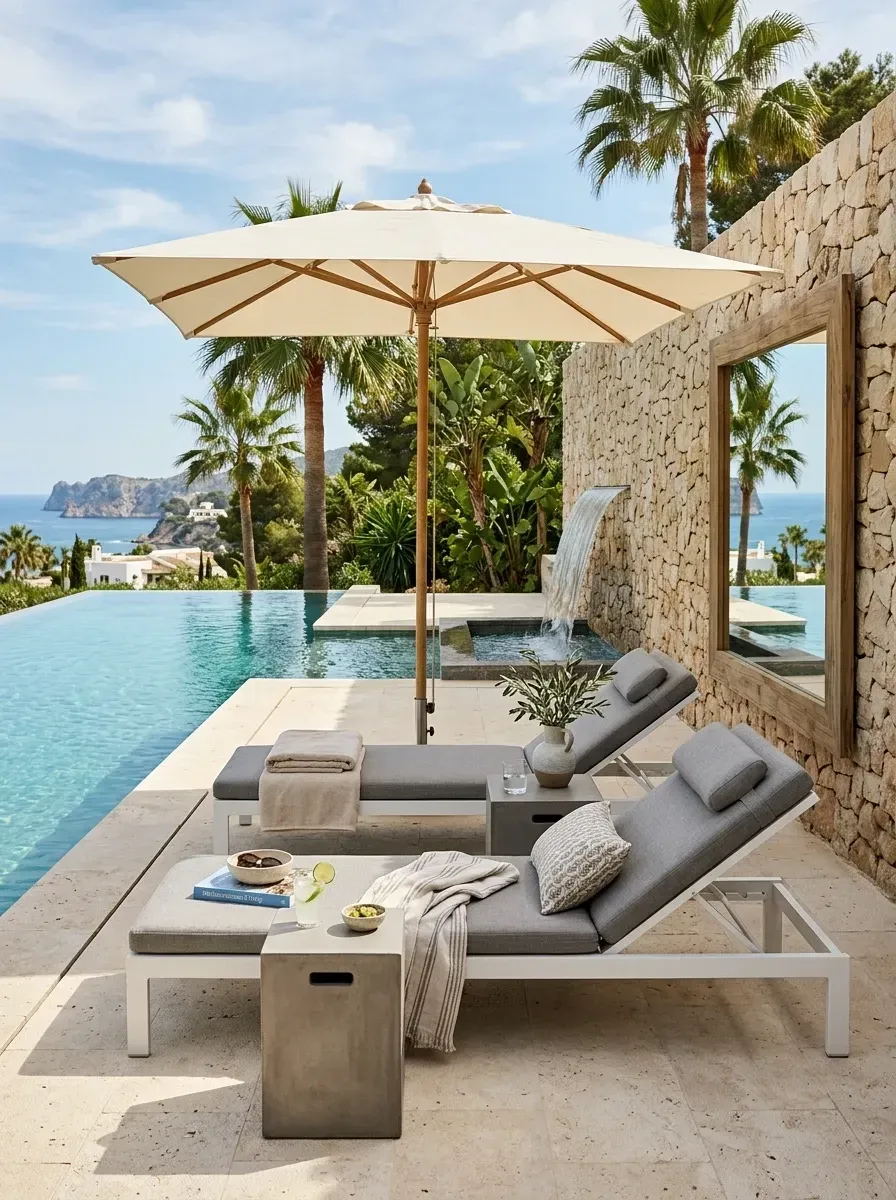 Luxury coastal infinity pool deck with white powder-coated aluminum chaise lounges, cast concrete side tables, large hardwood-pole market umbrella, stacked limestone accent wall with mirror inset, sheer-descent waterfall feature, and large-format travertine pool deck
