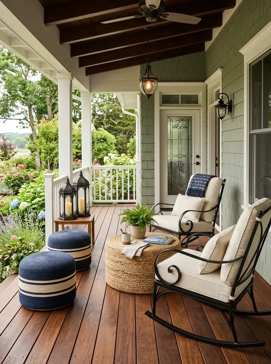 Welcoming covered front porch with sage green shake siding, white painted railings and trim, mahogany tongue-and-groove decking, wrought iron rocking chairs with cream cushions, navy-and-cream striped poufs, woven rope coffee table, ceiling fan, and hanging lantern