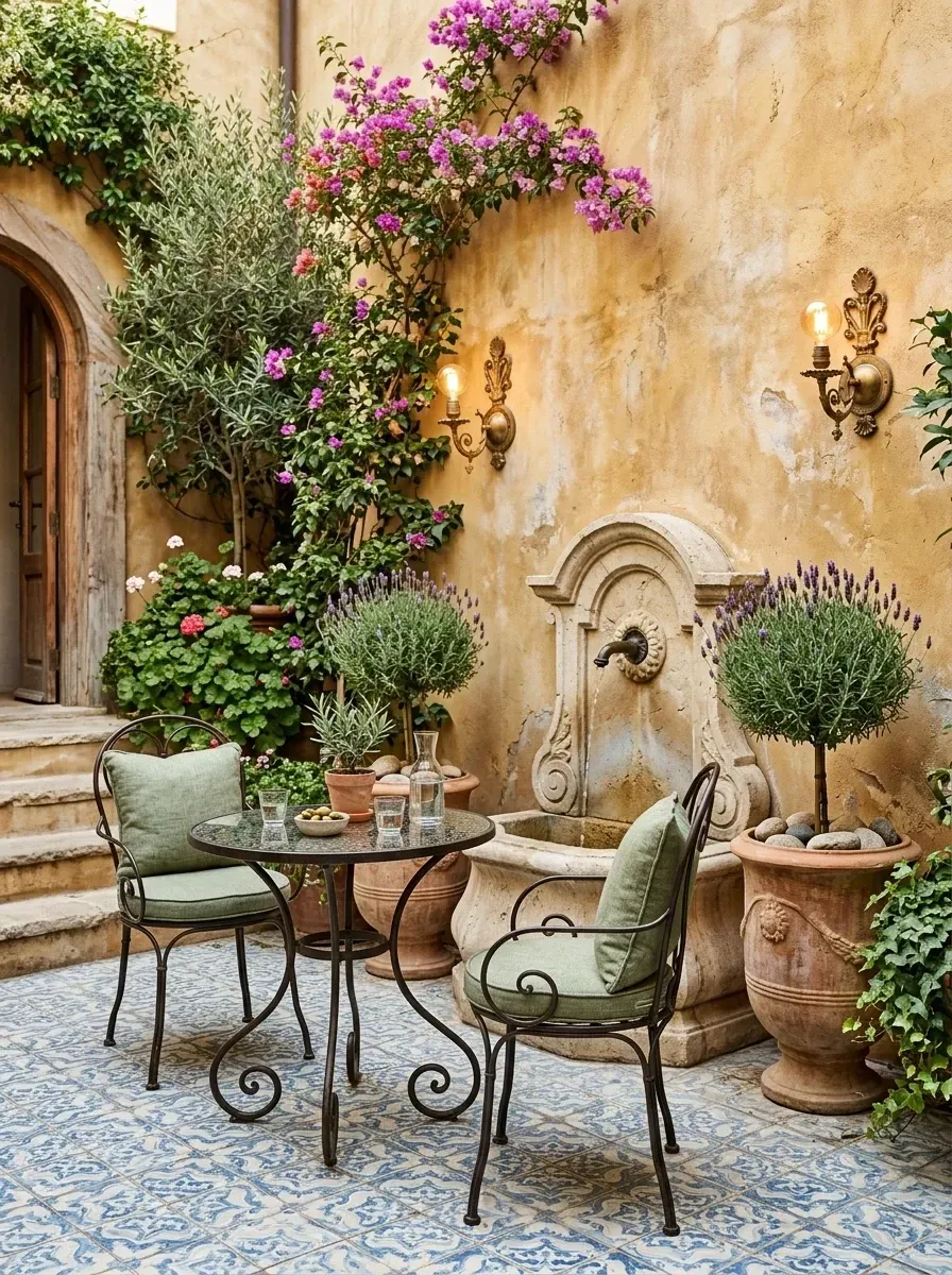 Intimate Tuscan-style courtyard with carved limestone wall fountain, wrought iron bistro table and chairs with green cushions, hand-painted blue tile pavers, large terracotta planters with topiaries, ornate brass wall sconces, and weathered ochre stucco walls