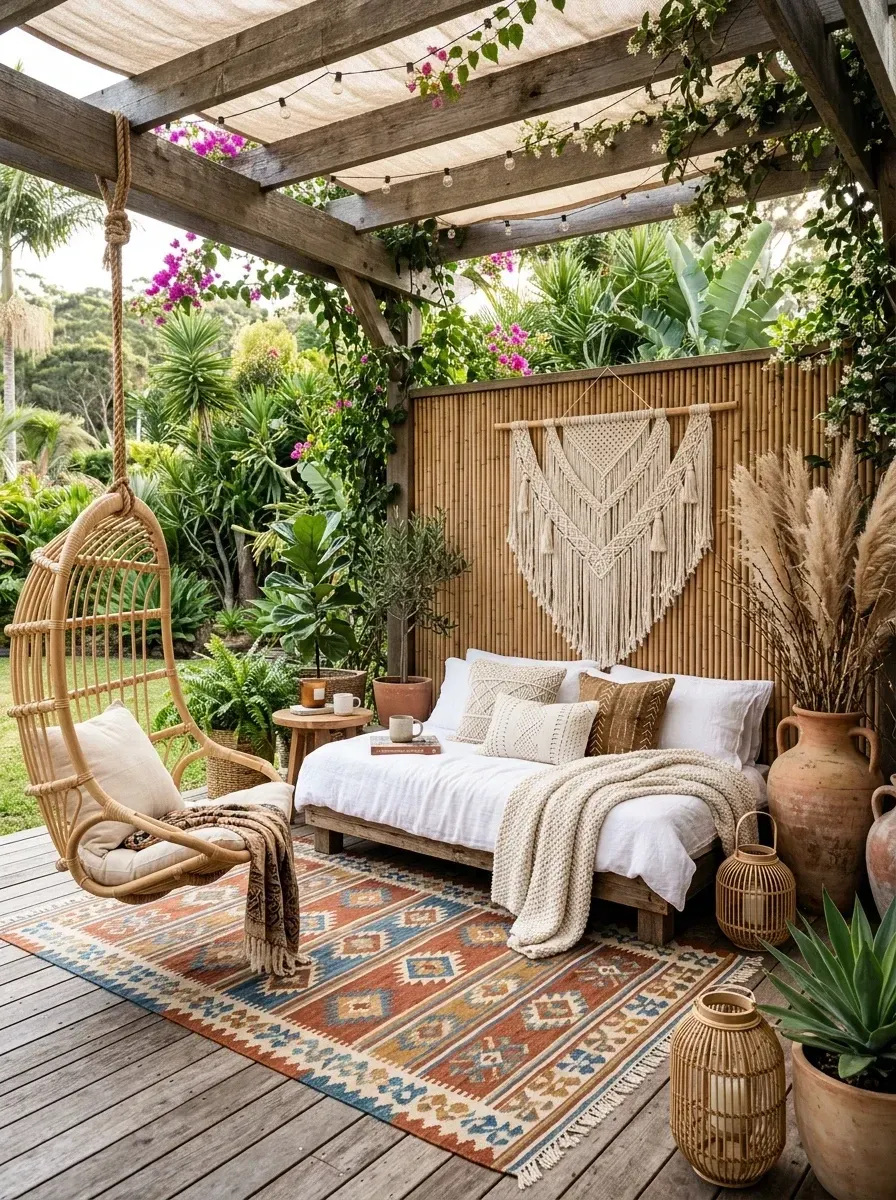 Dreamy open-air garden bedroom retreat with weathered pergola, low wooden daybed draped in white linens and mixed pillows, rattan hanging swing chair, bamboo reed privacy screen, large macrame wall hanging, faded kilim outdoor rug, and string lights