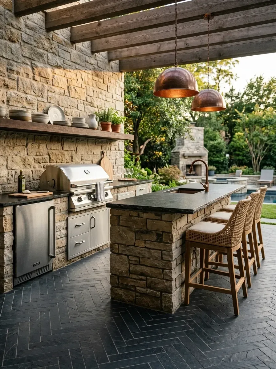 Fully equipped luxury outdoor kitchen with stacked stone bar island and dark soapstone counters, built-in stainless gas grill, outdoor refrigerator, woven and teak bar stools, burnished copper dome pendants, walnut open shelving, slate herringbone tile flooring, and cedar pergola beams overhead