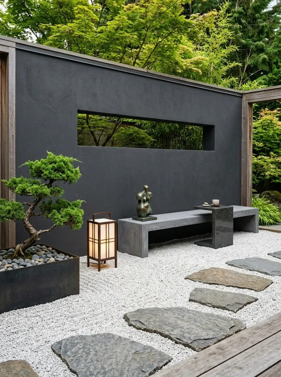 Meditative Zen courtyard sanctuary with charcoal smooth concrete wall featuring horizontal viewing slit window, cast concrete garden bench, abstract bronze sculpture, Japanese wooden garden lantern, rectangular steel planter with bonsai, raked white pea gravel, and slate stepping stones