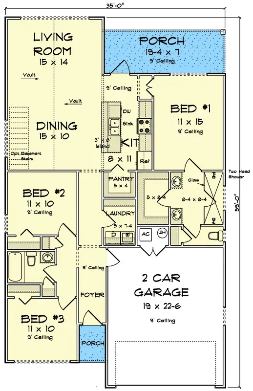 Plan 52531WM main level floor plan 1355 sq ft country traditional split bedroom layout