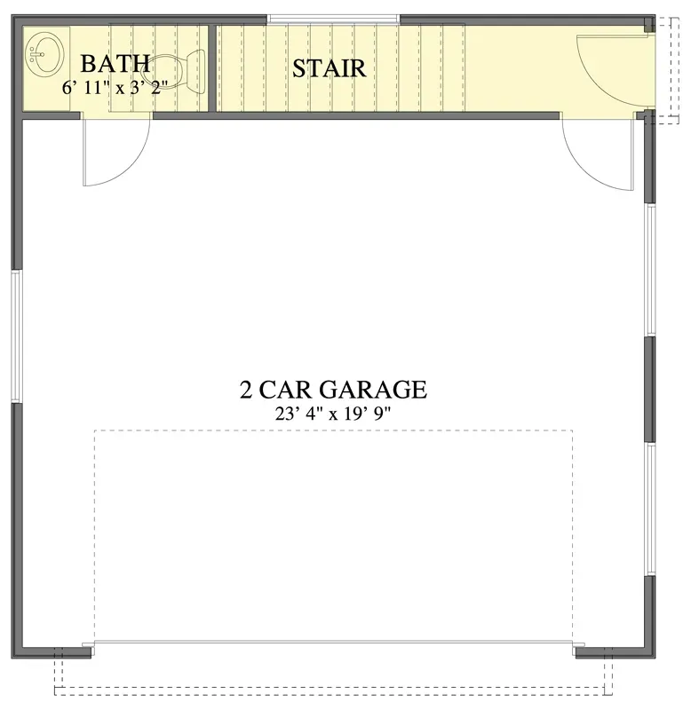 Main level floor plan with 23 by 19 foot two-car garage, half bath at the rear, and stairwell to the upper apartment