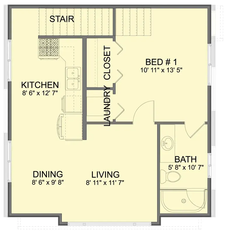 Second floor ADU floor plan with open kitchen-dining-living core, one bedroom suite, full bath, and laundry closet