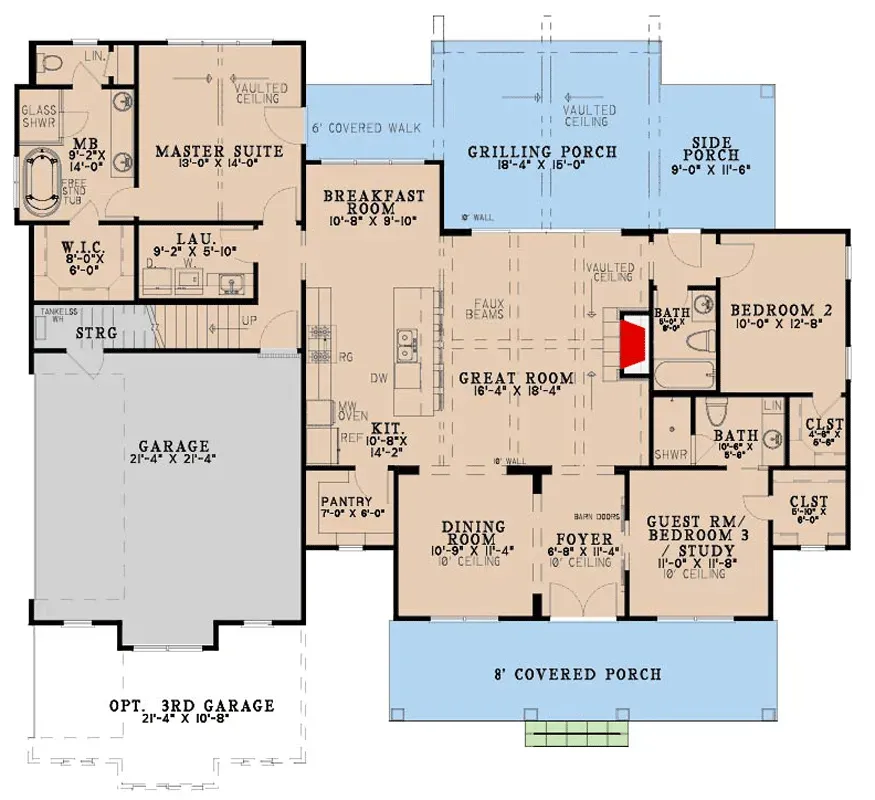 Plan 70954MK main level floor plan with split bedroom layout