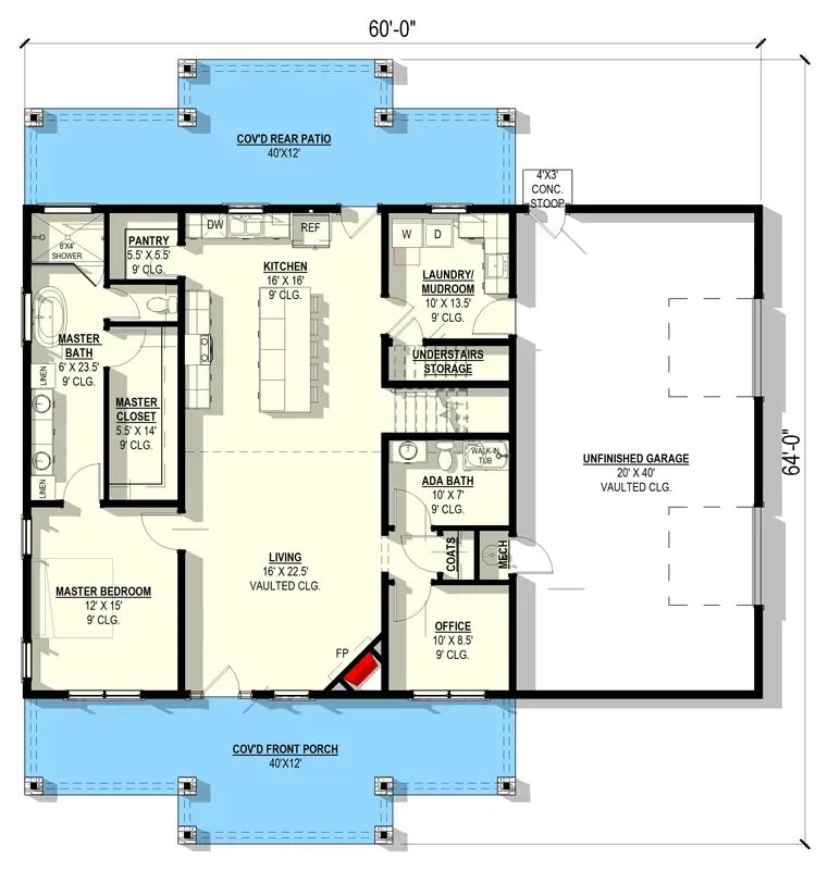 Main level floor plan of the 2,372 sq ft barndominium farmhouse with vaulted great room