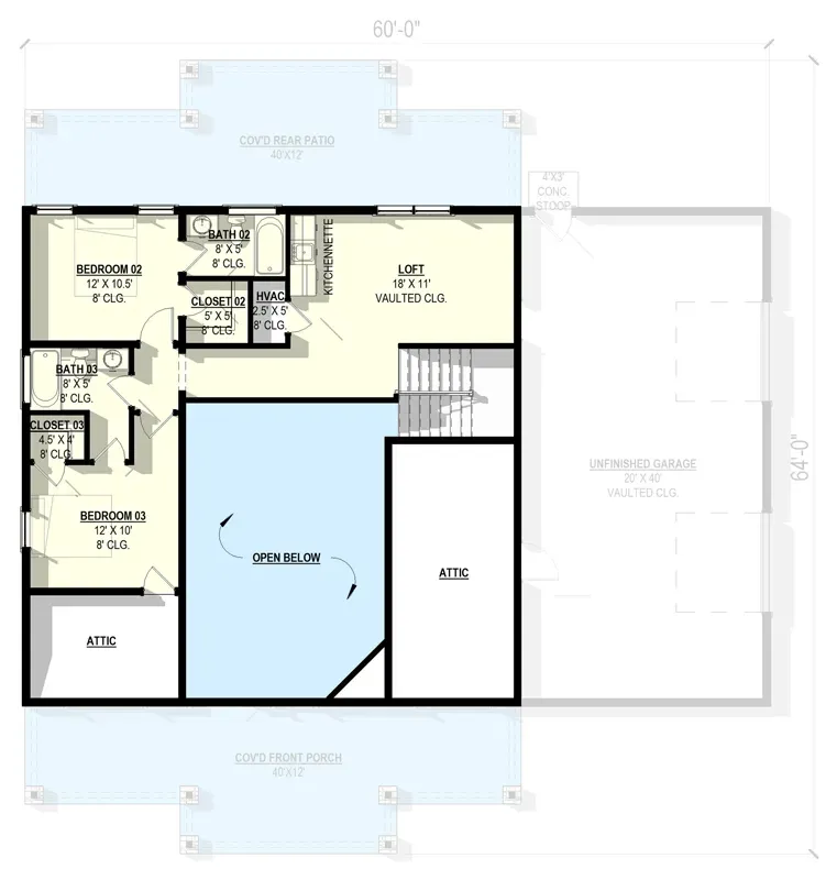 Second floor plan showing two bedrooms, loft, and kitchenette above the great room