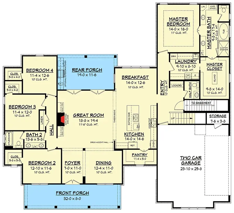 Basement stair option for single story farmhouse floor plan