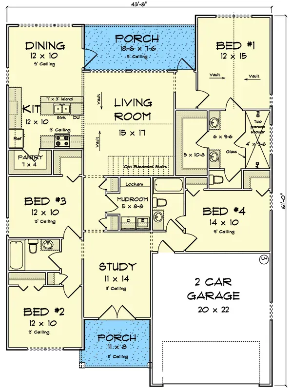 Single-story ranch house plan floor plan with 4 bedrooms, main-floor master suite, and open kitchen-dining-living core