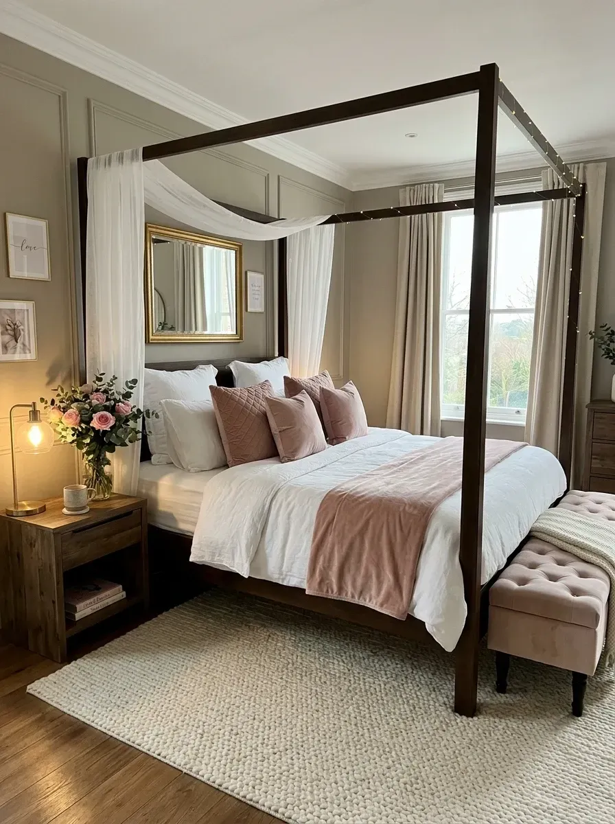 Romantic Valentine's bedroom with Pottery Barn Lorraine queen four-poster bed in Tuscan Chestnut, sheer white linen Restoration Hardware Belgian flax canopy panels, Brooklinen Luxe Sateen white duvet, dusty rose Quince velvet pillows and throw, BM Pashmina AF-100 walls, vintage tufted velvet bench at foot of bed, Schoolhouse Electric Alabax sconces and Visual Comfort fairy lights wrapped around bed frame in Charleston SC