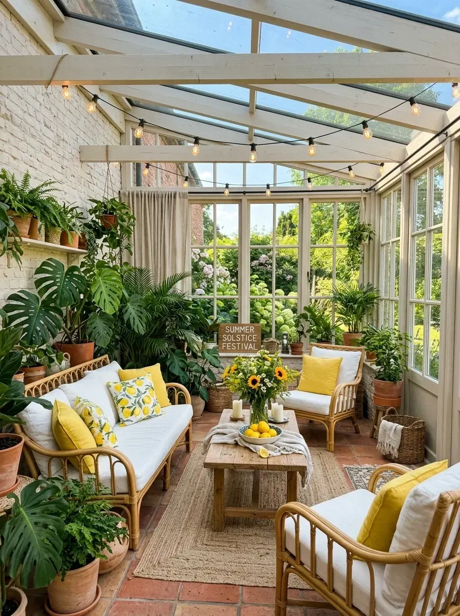 Summer solstice conservatory styling with Serena and Lily Capistrano natural rattan sofa, three Article Pacifica armchairs, BM Sherwood Tan stained reclaimed teak coffee table, Williams Sonoma lemon-print pillows, terracotta Saxon planters with Meyer lemon trees, lush mature pothos and Birds of Paradise, FX Luminaire LED string lights along ceiling beams and exposed BM Cloud White OC-130 painted brick wall in Mount Pleasant SC sunroom
