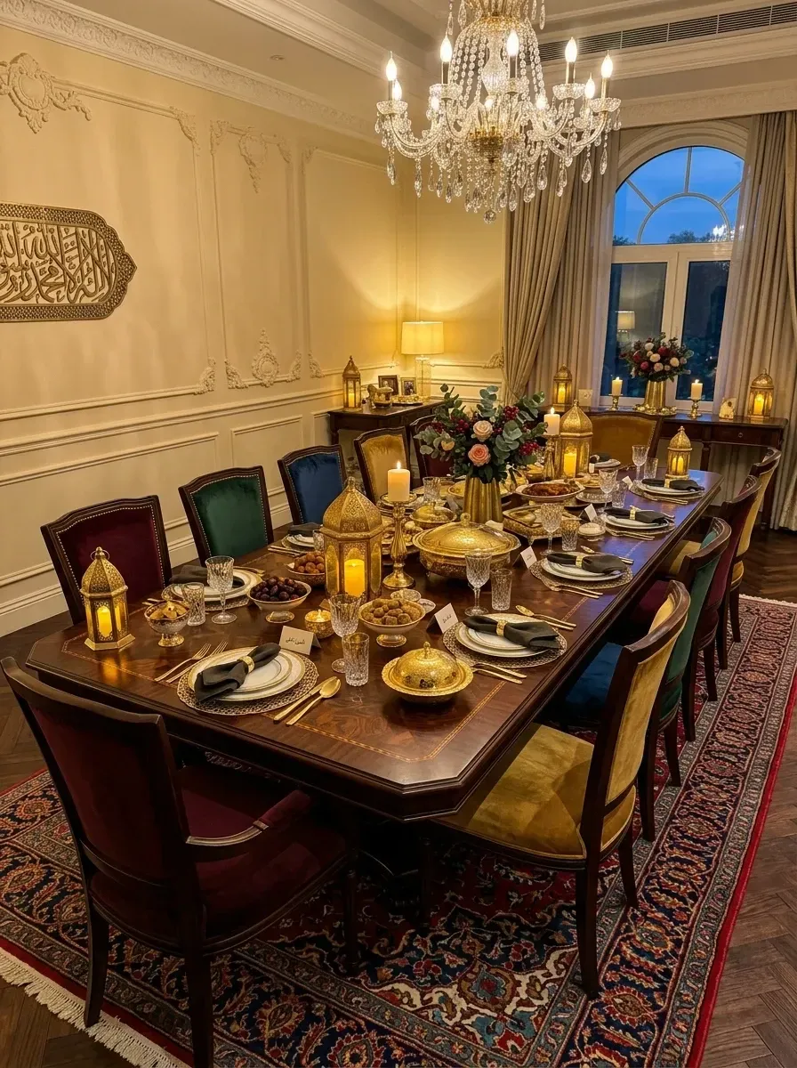Elegant Ramadan dining hall with 12-seat Crate and Barrel Basque dark mahogany dining table, RH Burton dining chairs upholstered in mixed jewel-tone Designtex Brushed Velvet emerald sapphire and ruby, Schonbek Heritage 24-arm crystal chandelier, antique Persian Heriz handknotted runner rug, brass Marrakech lanterns from Anthropologie, Williams Sonoma Madison gold-rimmed dinnerware for 12, Wedgwood Vera Wang gold cutlery, Riedel Sommelier crystal glassware and traditional Arabic calligraphy art in walnut frames in Atlanta GA