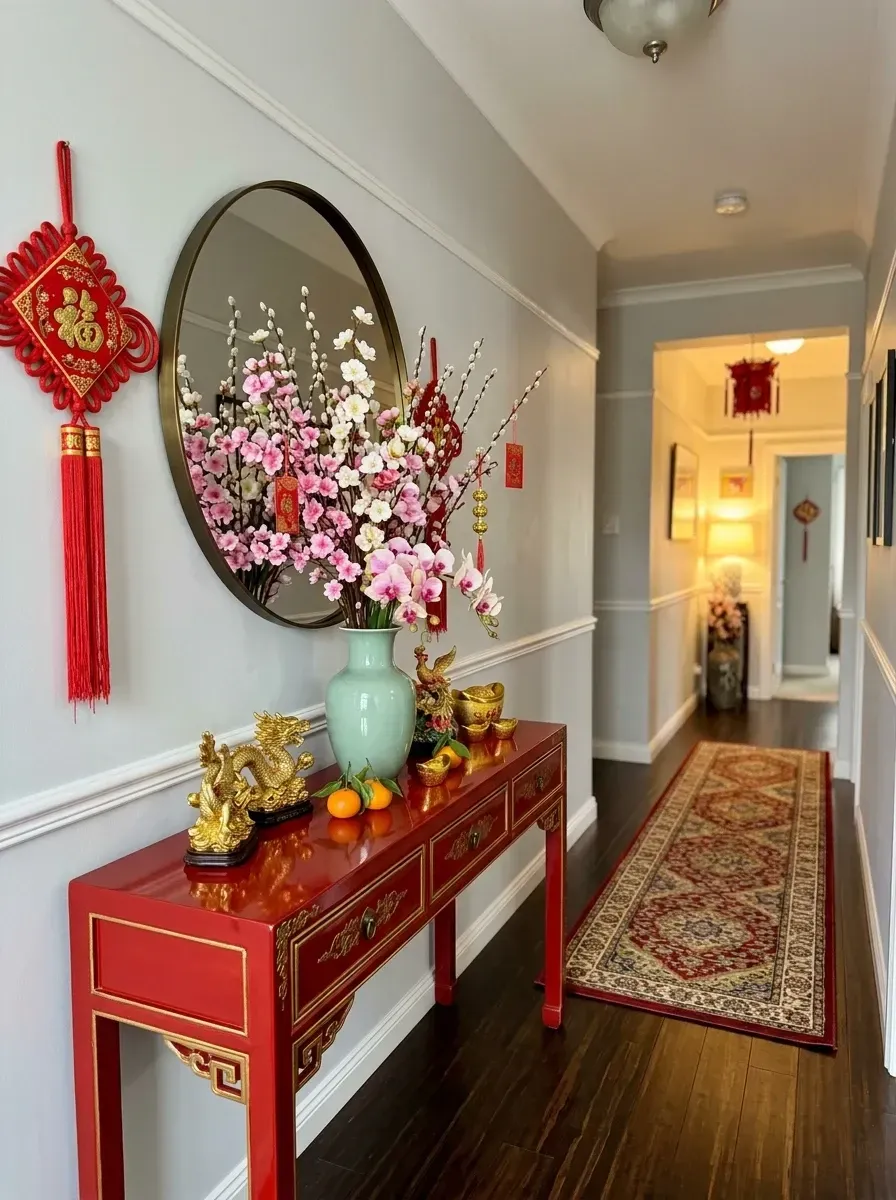 Vibrant Lunar New Year hallway with Kim Salmela Hudson red lacquered console table with brass detailing, large round Anthropologie Gleaming brass framed mirror, oversized Bloomscape pink and white cherry blossom branches in celadon Mottahedeh Imari vase, Anthropologie traditional red silk hanging lanterns and intricate brass fortune knots, gold dragon statues from Pearl River Mart, blue and white McGee and Co Yara hand-woven runner rug, BM Stonington Gray HC-170 walls and bowl of Cara Cara mandarin oranges in Asheville NC