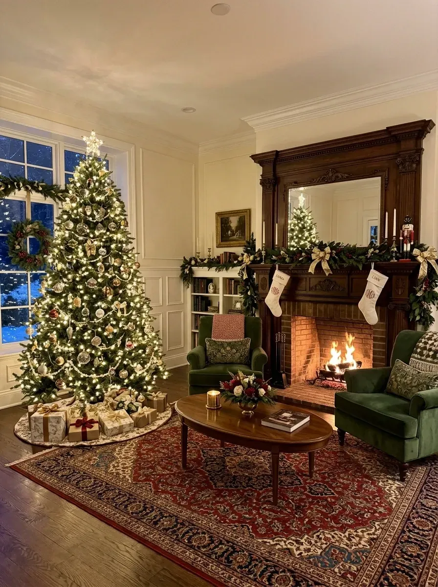 Classic traditional Christmas living room with 9-foot Balsam Hill Heritage Norway Spruce flocked artificial tree, Christmas Lights Etc warm white LED string lights, mixed antique gold silver and red Frontgate Heritage glass ornaments, Pottery Barn Silk Velvet stockings on grand dark stained mantel, Article Sven 88-inch forest green velvet sofa, Persian Lavar Kerman wool runner rug from Annie Selke, BM Studio Green No. 93 walls and gas fireplace with cedar plank mantel in Charleston SC historic single house