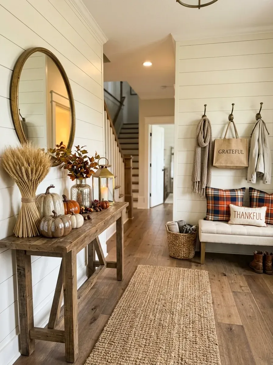 Rustic Thanksgiving entryway with Magnolia Joanna Gaines white nickel gap shiplap walls, McGee and Co Mason reclaimed wood console table, gold framed Pottery Barn Caine round mirror, upholstered French Country bench with Pendleton Glacier National Park plaid wool throw, jute Boutique Rugs runner, assorted McGee and Co heirloom ceramic pumpkins from Magnolia Market, sheaf of Decatur Texas wheat in pottery vase, Hearth and Hand Magnolia metal lantern with battery taper candles in Franklin TN