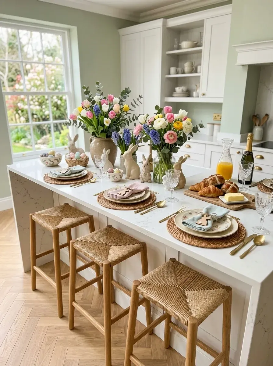 Cheerful Easter kitchen island with white painted Shaker cabinetry honed Calacatta marble countertop, three Serena and Lily Avalon woven rattan counter stools, two Kelly Wearstler arrangements of fresh Holland tulips David Austin ranunculus and pink hyacinth in Mottahedeh Imperial vases, Anthropologie Lillemor ceramic bunny figurines, Williams Sonoma French linen napkins in pastel pink and yellow with Anthropologie Esme woven placemats, BM Saybrook Sage HC-114 walls in Savannah GA