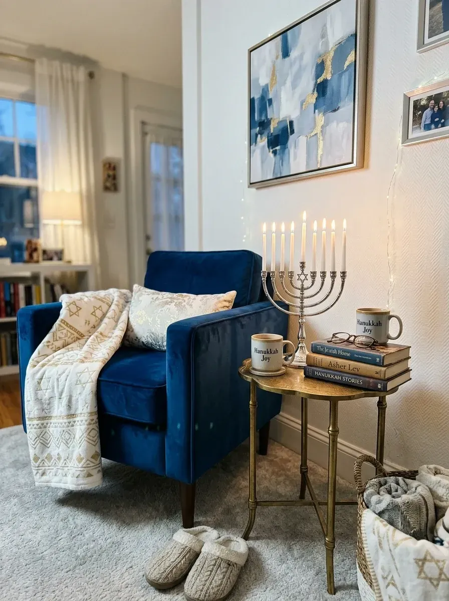 Cozy Hanukkah reading nook with Pottery Barn Cardiff plush deep royal blue velvet wingback armchair, Pottery Barn Tiber polished brass cylinder side table, antique sterling silver Hadassah heirloom menorah with beeswax tapers, Cole and Son Star of David pattern white and gold throw blanket, stacked Jewish history books with Hanukkah Joy ceramic mugs, Pier 1 LED warm white string lights, BM Hawthorne Yellow HC-4 walls and rustic wool basket of extra throws in Charlotte NC