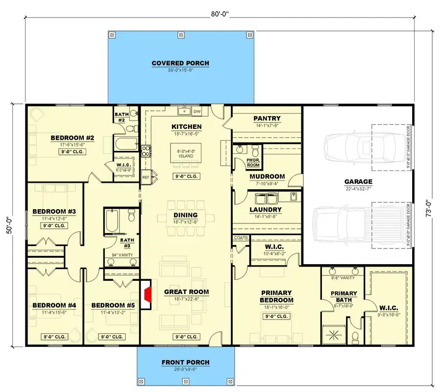 Single-story 5-bedroom country barndominium floor plan, 3,235 SF with split-bedroom layout, walk-in pantry, 450 SF covered rear porch and side-entry 2-car garage