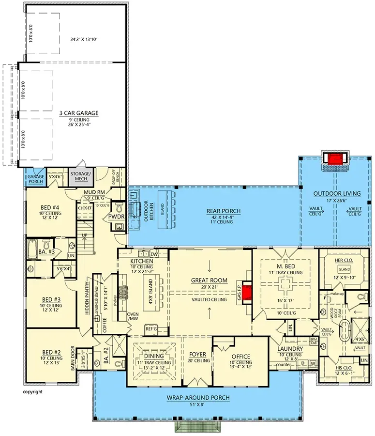 Plan 56549SM main level floor plan — 3,292 sq ft symmetrical modern farmhouse with vaulted great room, dedicated home office, main-floor primary suite, three secondary bedrooms in split wing, Jack-and-Jill bath, hidden walk-in pantry, and covered rear porch with outdoor kitchen
