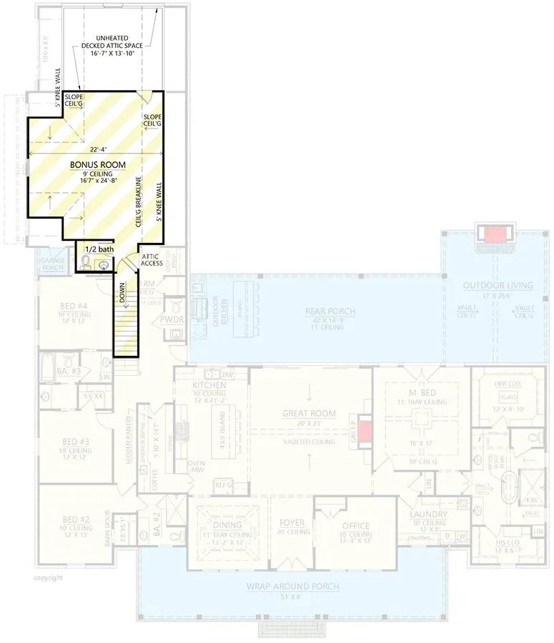 Plan 56549SM second-floor bonus room — flexible space usable as fifth bedroom, playroom, or media room with half bath and attic storage access