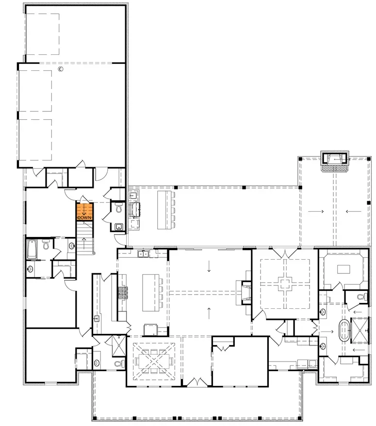 Plan 56549SM basement stair location diagram showing optional basement access point and framing modifications