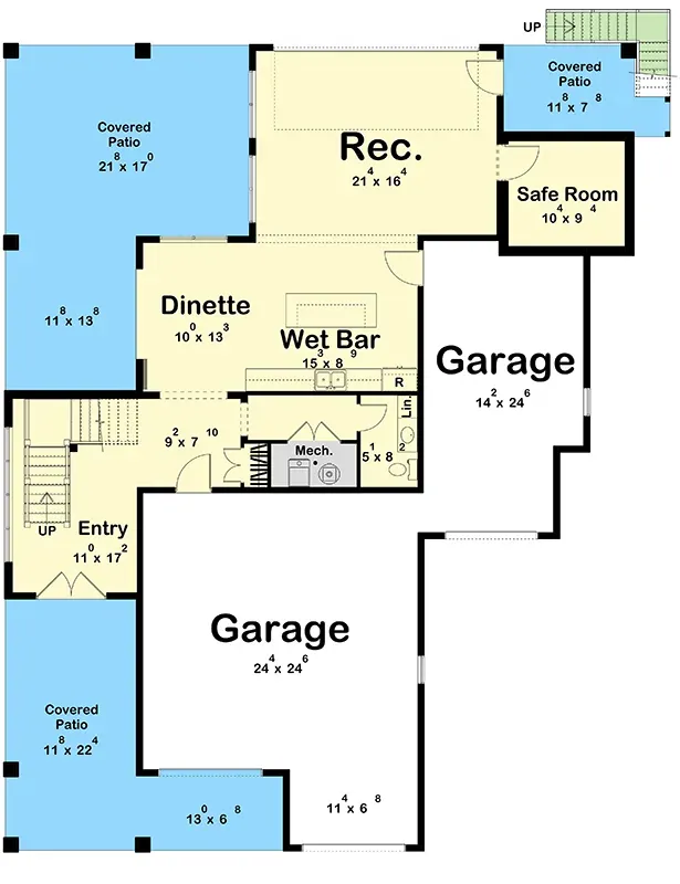 Ground-level floor plan of coastal contemporary plan 623612DJ showing tandem three-car garage, recreation room with wet bar, and interior safe room