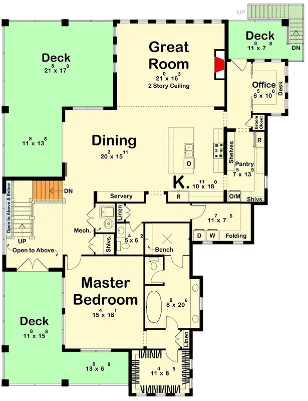 Second-floor main living level of coastal plan 623612DJ showing two-story great room, open kitchen, dining, and primary suite with private deck
