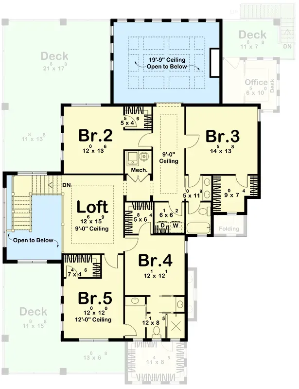 Third-floor plan of coastal contemporary 623612DJ showing four secondary bedrooms with Jack-and-Jill baths and central loft overlooking great room