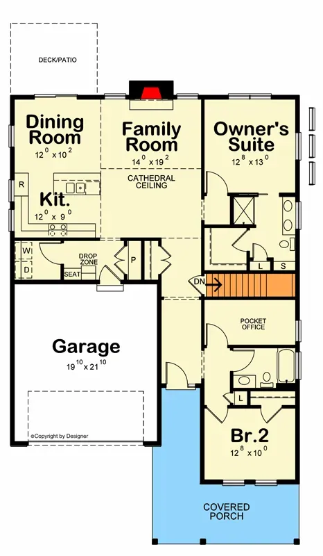 Plan 42733DB main level floor plan — 1,504 sq ft craftsman cottage ranch with split-bedroom layout, pocket office, cathedral ceiling great room, and 2-car side-entry garage