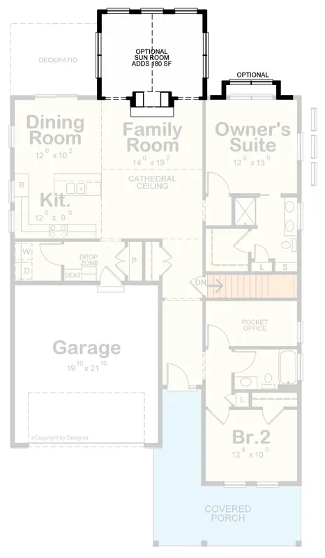 Plan 42733DB optional rear sunroom add-on off the great room — adds roughly 200 sq ft of conditioned flex space