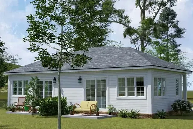Plan 52522WM side elevation showing recessed entry porch with sheltered doorway for individual unit access and architectural privacy separation