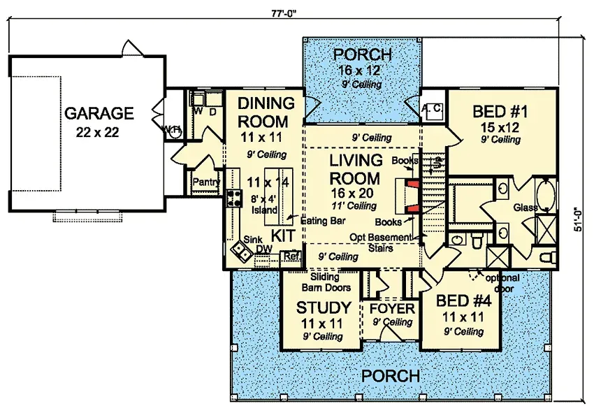Main floor plan showing open great room, kitchen with island, main-floor primary suite, flex study, and wrap-around porch