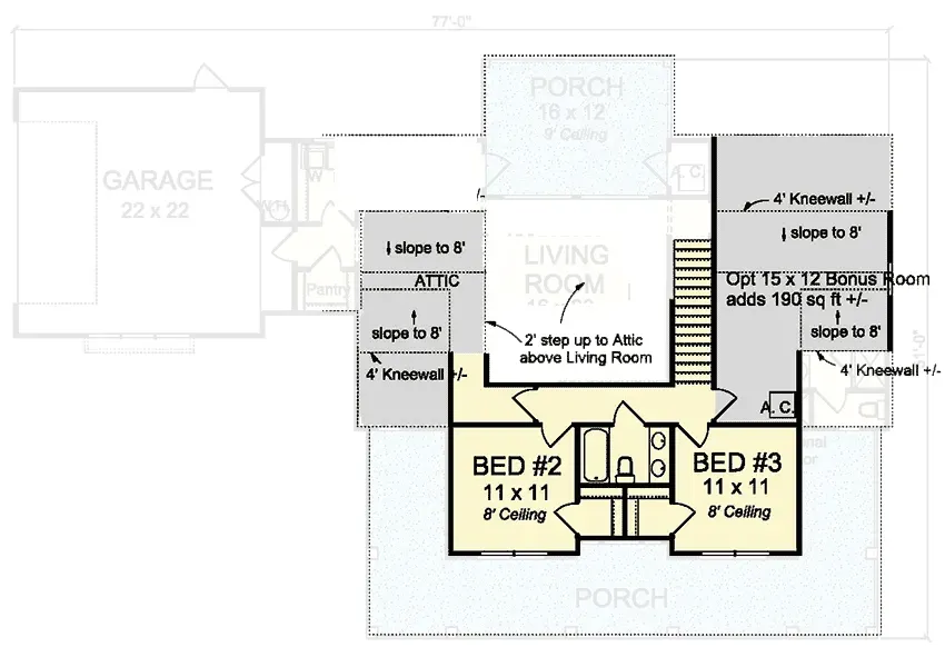 Second floor plan with two bedrooms sharing a full bath plus a bonus room over the garage