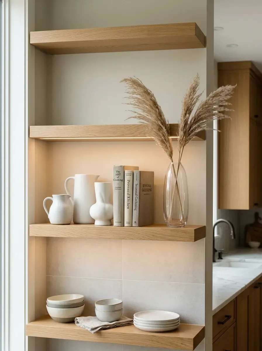 Quiet luxury kitchen featuring light oak floating open shelves with integrated LED strip lighting, artisanal ceramics, and textured tile backsplash