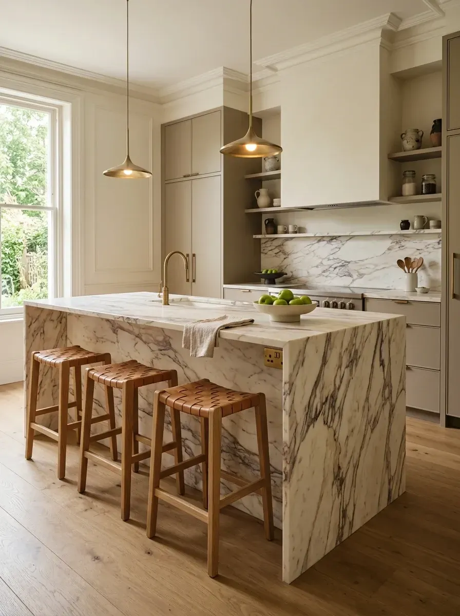 Quiet luxury kitchen with heavily veined Calacatta marble waterfall island, woven leather bar stools, aged brass pendant lighting, and taupe cabinetry