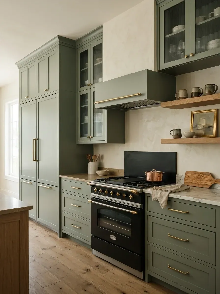 Quiet luxury kitchen featuring sage green shaker cabinets, custom plaster range hood, premium black and brass range cooker, and glass-front upper cabinets