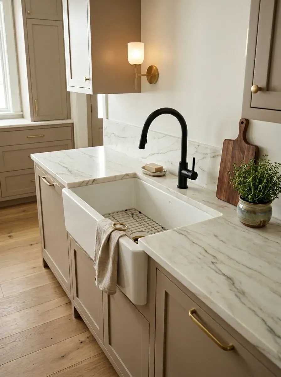 Quiet luxury kitchen sink zone with fireclay farmhouse sink, matte black gooseneck faucet, integrated marble backsplash, and brass wall sconce