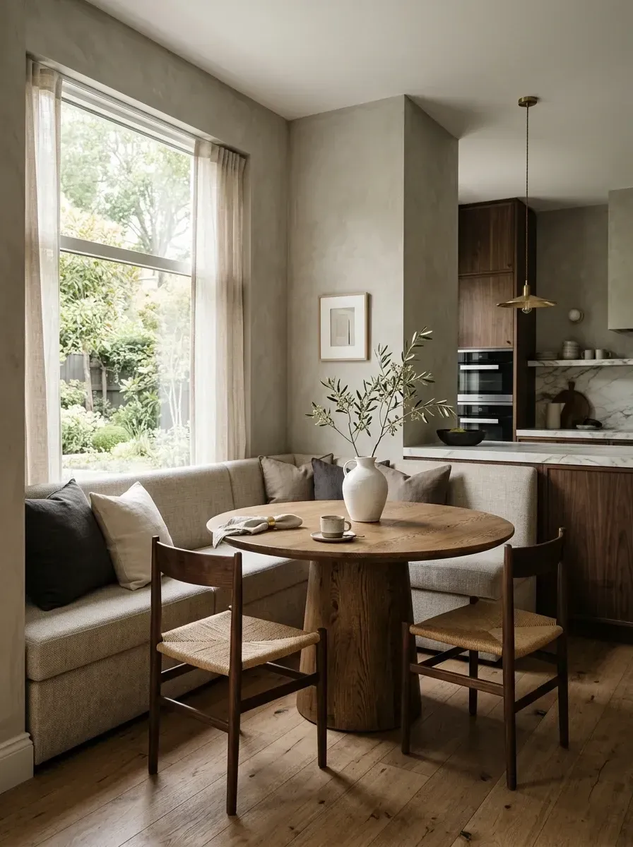 Cozy breakfast nook with custom upholstered banquette, round wood pedestal table, woven seat chairs, and textured lime wash walls