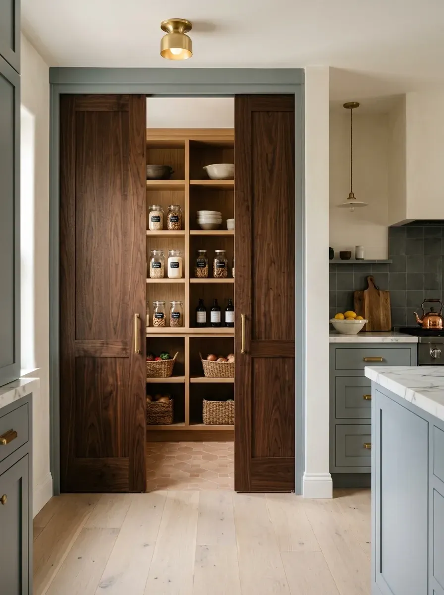 Butler's pantry with walnut pocket doors, custom wooden built-in shelving, terracotta tile flooring, and organized glass jar storage